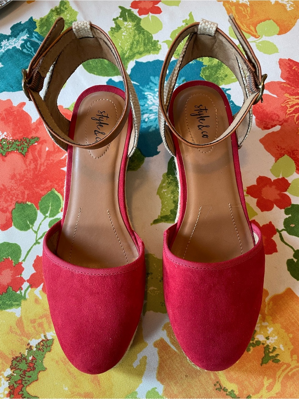 Style & Co. Red Suede-Look Wedge Ankle-Strap Sandals